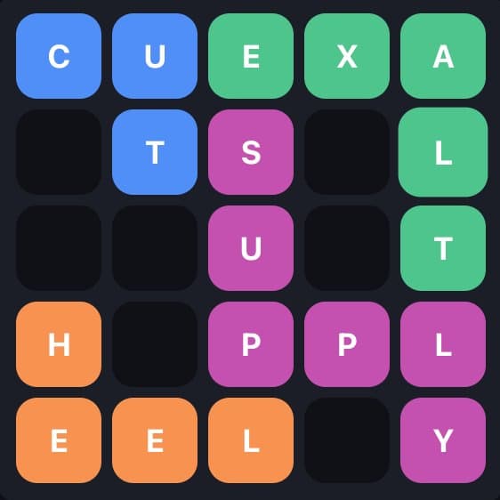 A solved Wend puzzle showing four colored word paths — CUT, EXALT, SUPPLY and HEEL winding around gray wall blocks